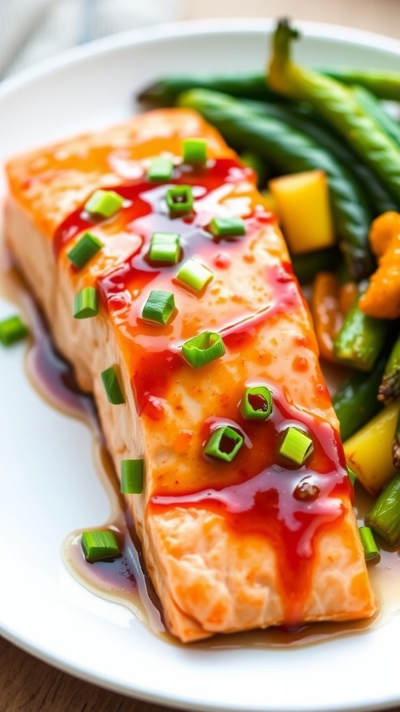 Glazed honey garlic salmon fillet with green onions on a plate, served with vegetables.